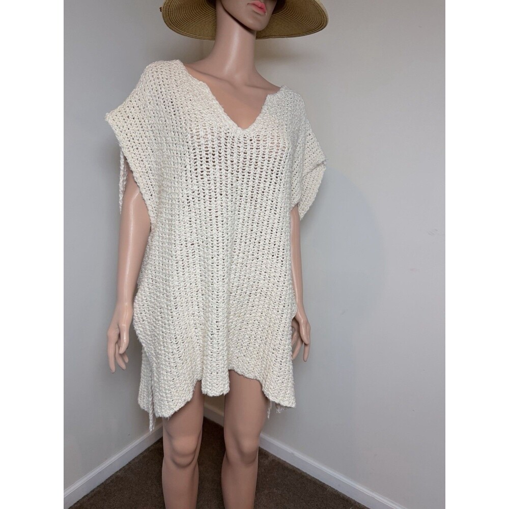 Free People Cream Chunky Open Knit Tunic Sweater Vest Side Slits Boho Size XS